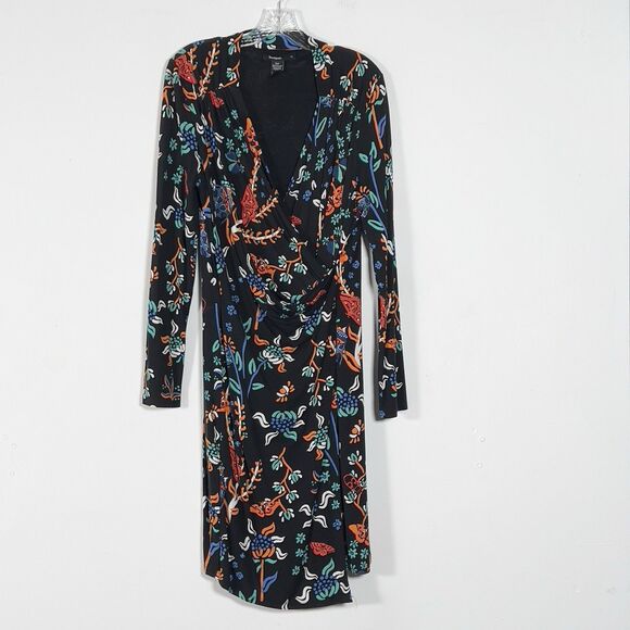 Desigual Bridie Jersey Hi Low Faux Wrap Dress Sz XL Black Floral Long Sleeve - Picture 3 of 14
